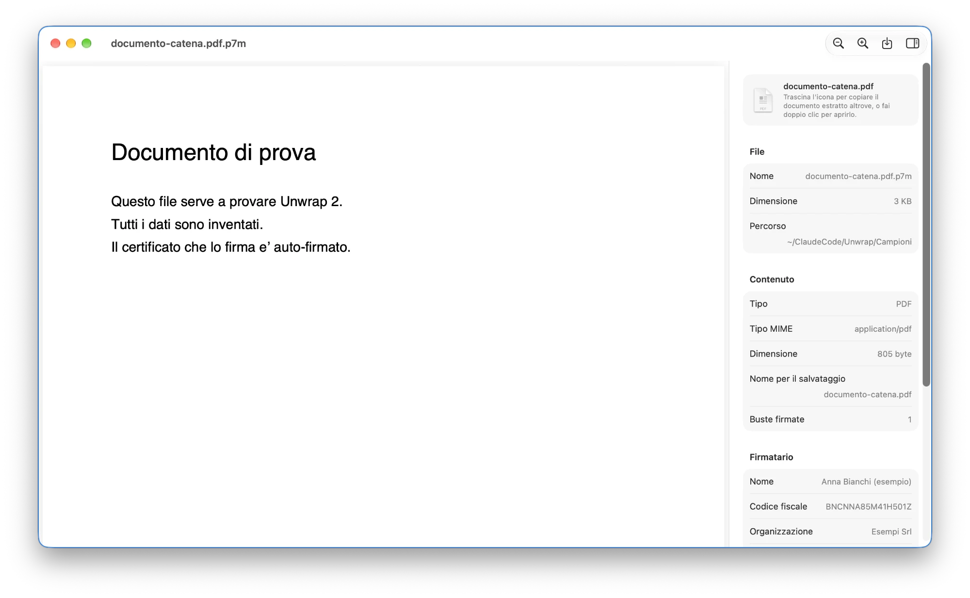 Unwrap mostra subito il PDF estratto da un file .p7m, con i dettagli della busta firmata nel pannello laterale