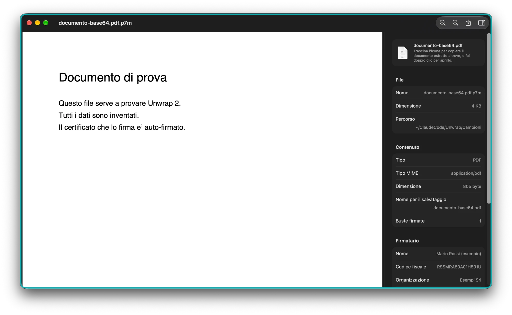 Un altro PDF estratto da un file .p7m, con tema d'accento turchese in modalità scura